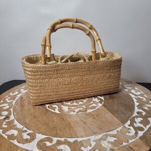 Handwoven Straw Tote Bag With Bamboo Handles & Drawstring Closure